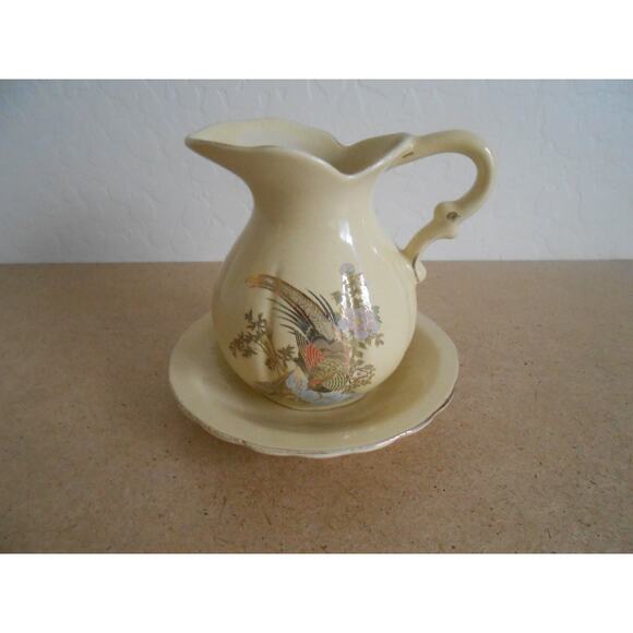 Gold Trimmed Birds With Flowers Design Pitcher and Plate Set - Picture 1 of 8